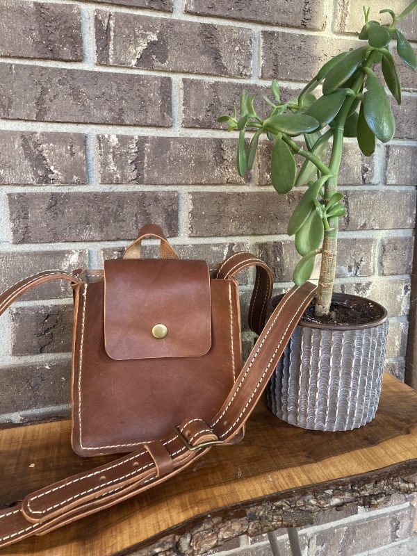 Bag on table with brick wall and plant for scale